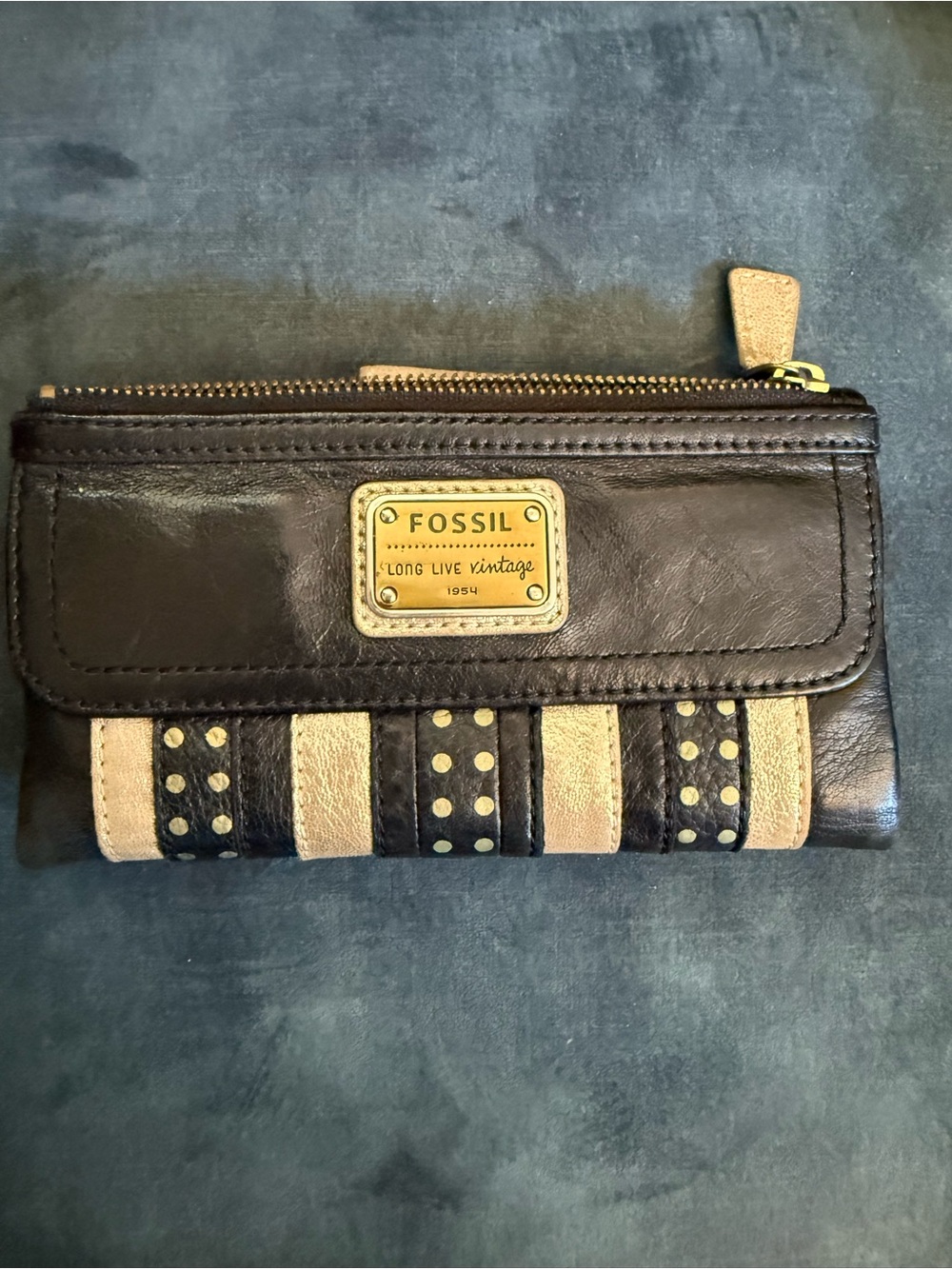 Fossil Black and Gold Striped and Dot Wallet